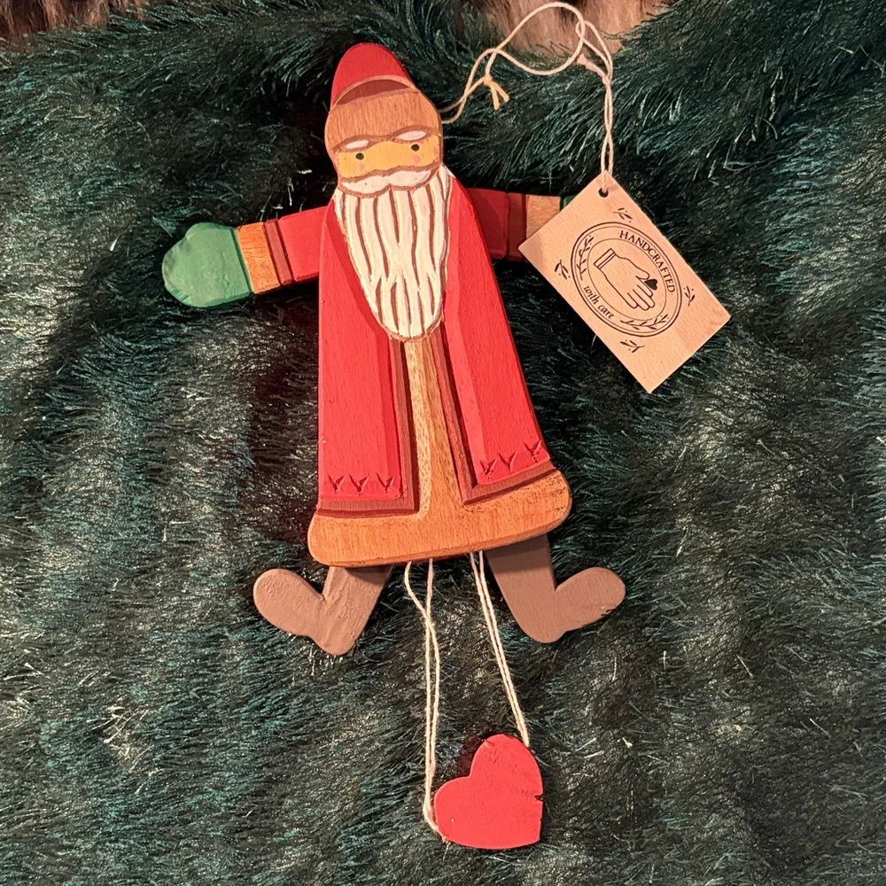 🆕Vintage MIDWEST IMPORTERS Folk Art Pull String Puppet Santa Ornament, OS